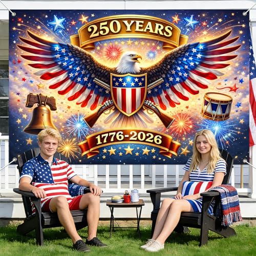 Image of IVN 250th Anniversary Banner 71 x 43 Inch 1776-2026 Patriotic Bald Eagle Stars Stripes Fireworks Photo Booth Backdrop Independence Day Party Decorations Memorial Day Veterans Day Wall Decor