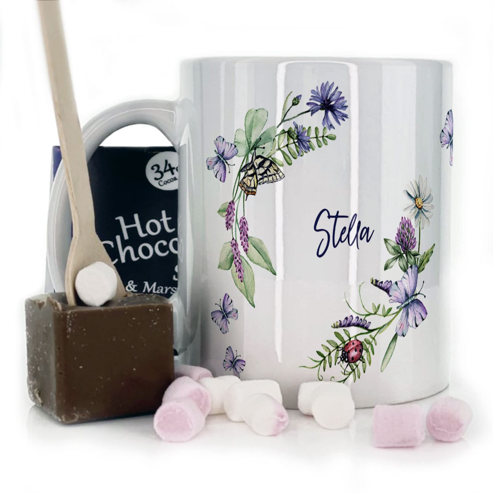 Personalised Mug and Belgian Milk Chocolate/Hot Chocolate Stirrer Marshmallow Gift Set, Custom Name (11oz) White, Yellow, Blue, Black, Pink Mug with Purple Butterfly Flower Circle Garden Design Print