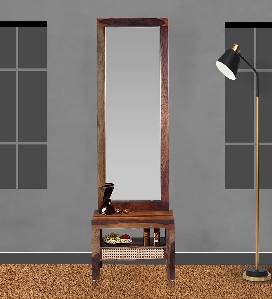 Solid Sheesham Wood Dressing Table with Mirror Wooden Table with Storage for Bedroom Living Room Pre-Assembled Home Furniture Makeup & Accessories Storage Organizer with (Teak)-image-29