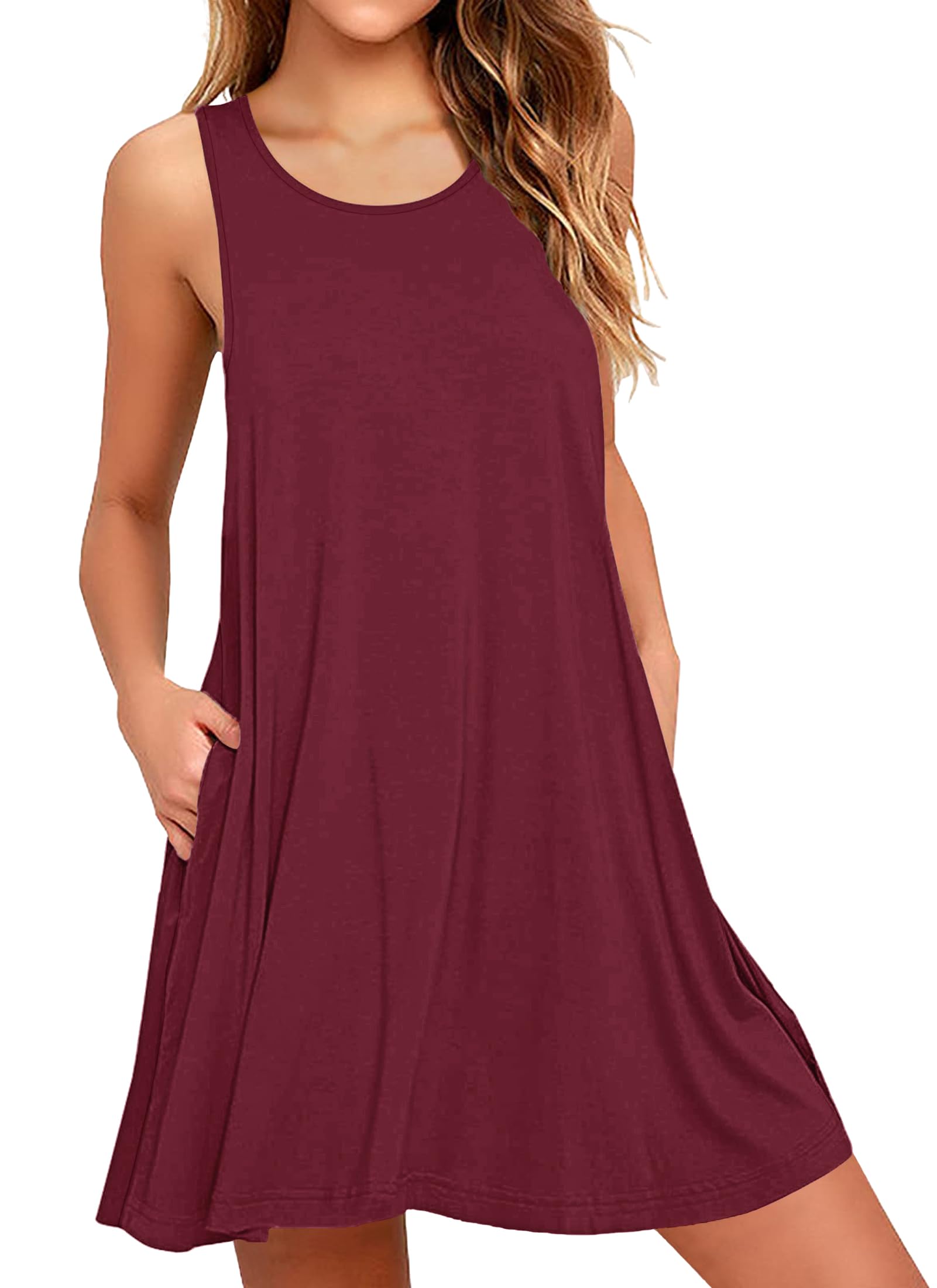 AUSELILY Sommerkleid Damen Rundhals Knielang Freizeitkleider Strand Trägerkleid mit Taschen