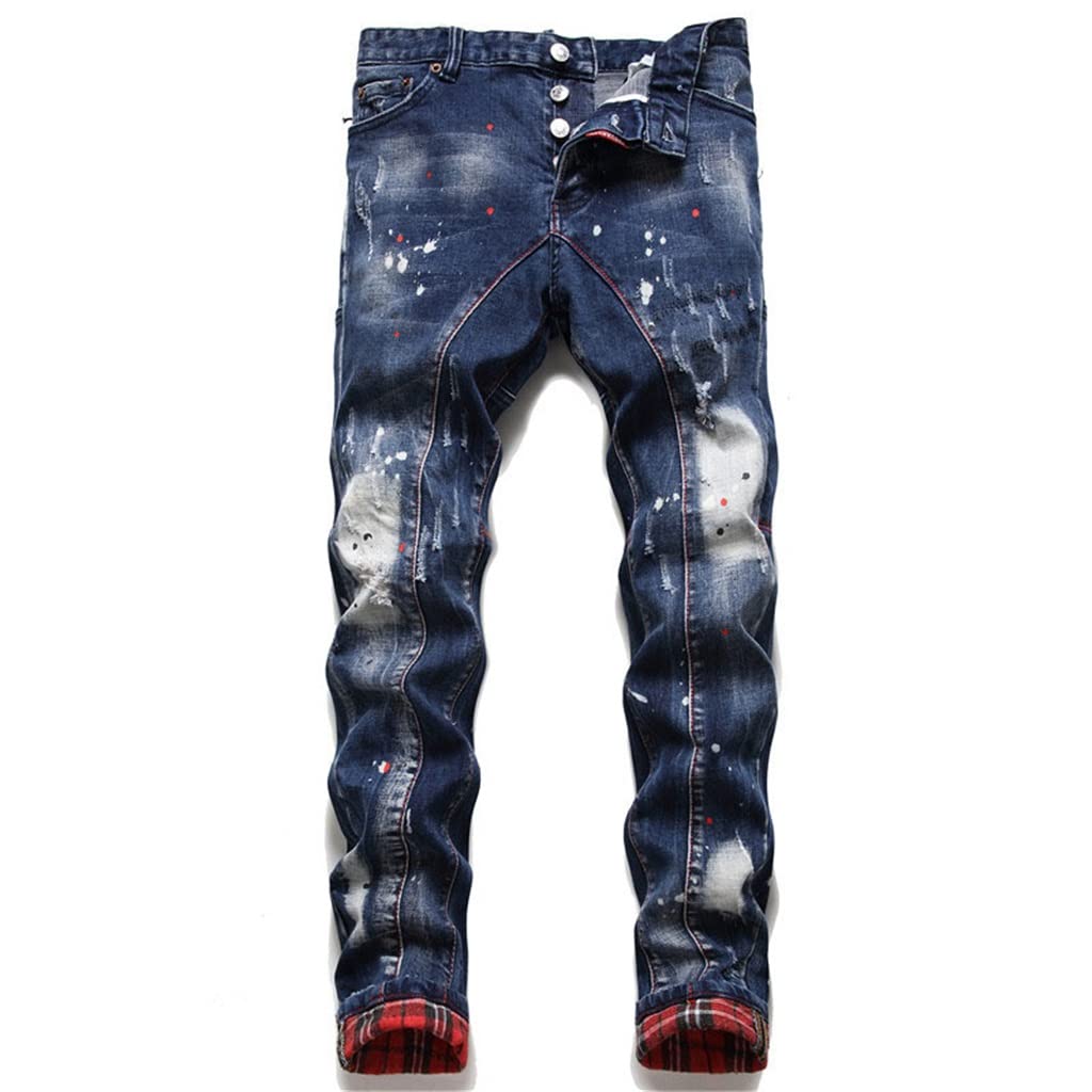JSEIAJB Mens Skinny Painted Jeans Distressed Patchwork Ripped Denim Pants for Male Casual Trousers