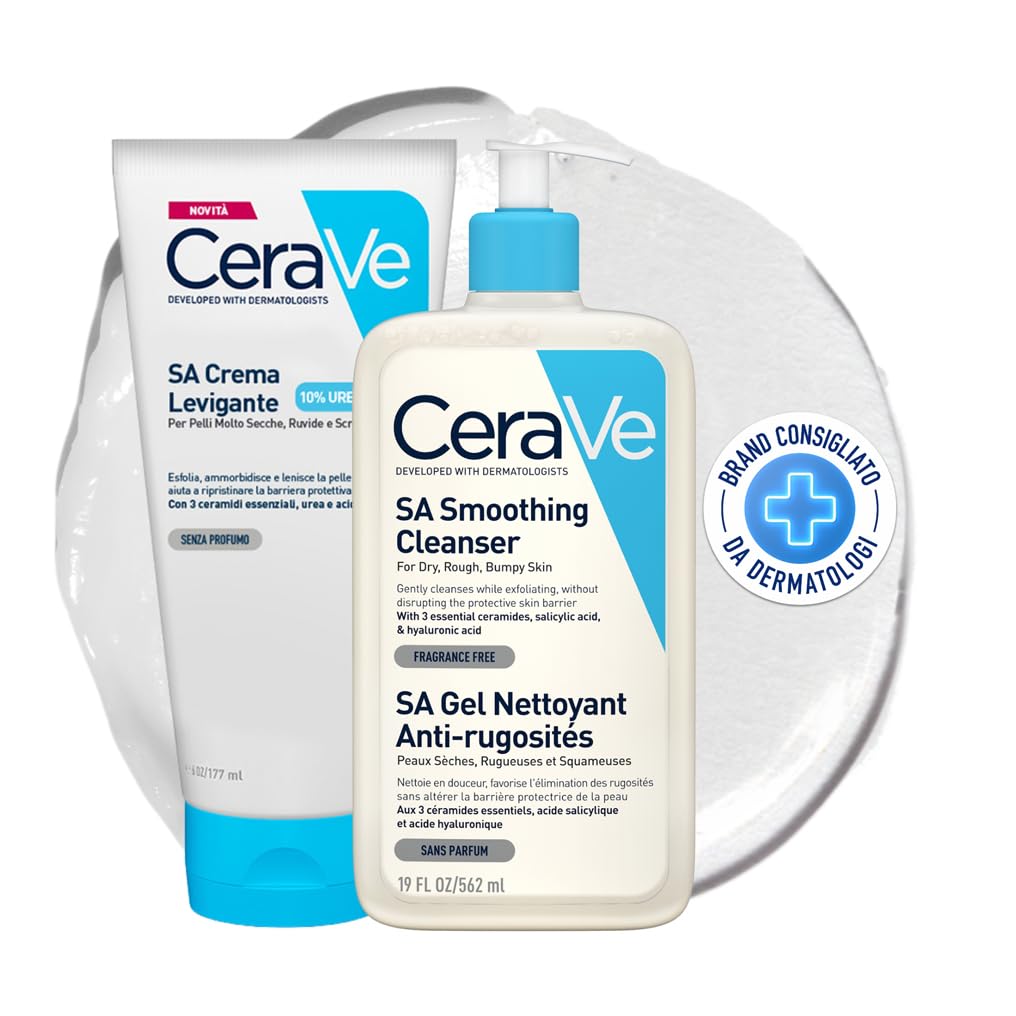 CeraVe Kit Skincare Levigante, SA Detergente, Per Pelle Secca e Ruvida, Con Acido Salicilico, 236 ml + SA Crema Levigante Per Pelle Molto Secca, Con 10% Urea, 177 ml