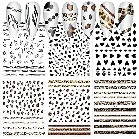 MWOOT 6 Blatt 3D Leopard Nagelsticker Abziehbilder,Kuh Muster Nagelaufkleber Selbstklebend für DIY Nagelspitzen Dekoration Cover