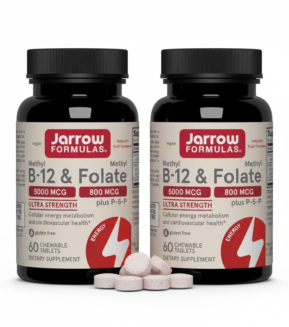 Jarrow Formulas Methyl B-12 & Methyl Folate, Bioactive Vitamin B9 and Vitamin B12 Supplement, Healthy Brain Function & Metabolism, 60 Chewable Tablets, 60 Servings (Pack of 2) Cherry 60 Count (Pack of 2)