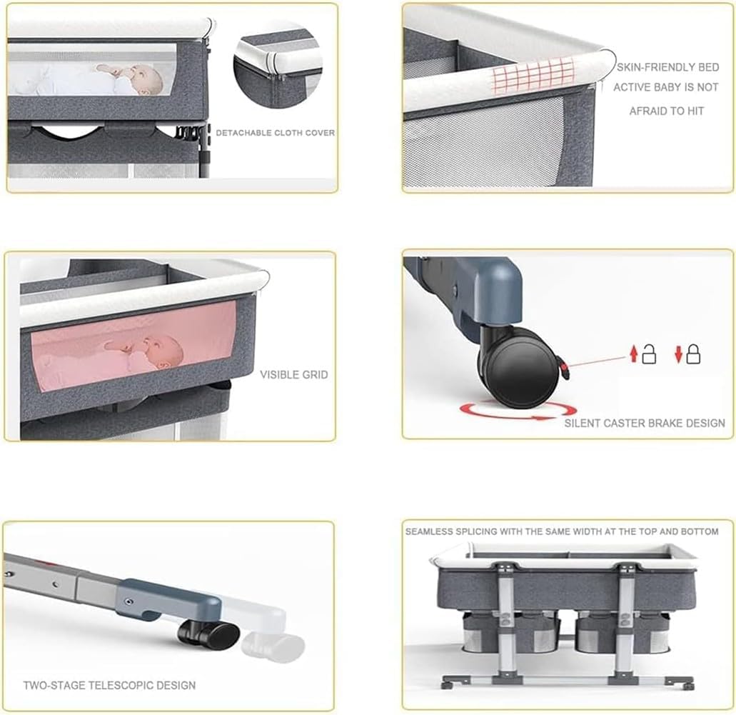 Twin Bassinet,Cosleeper Bassinet Bed Side Baby Bassinet with Storage Basket 6 Height Adjustable Anti-Emesis Side Sleeper Bassinet for Baby 1 to 36 Months Grey