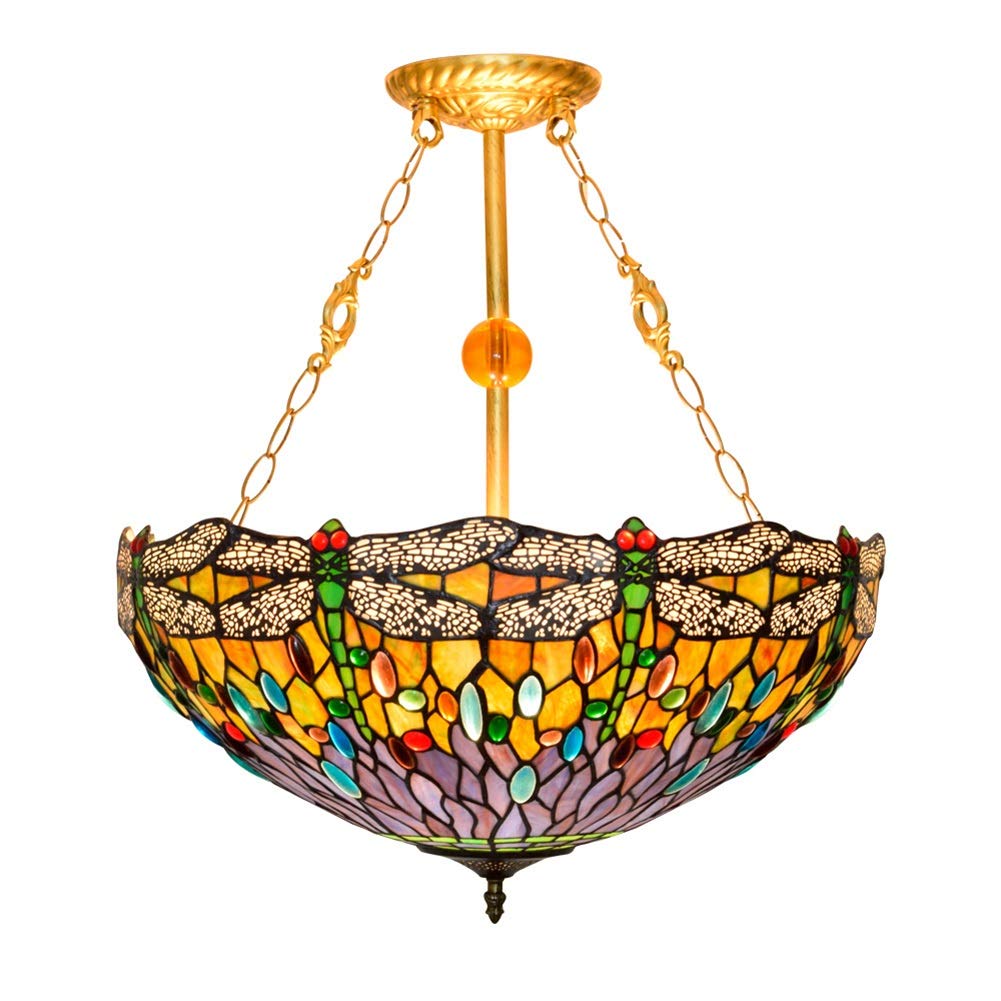 HPTHLY Ceiling Stained Glass Chandelier European Creative Tiffany Yellow Enamel Stained Glass Pendent Lamp Restaurant Bed Chandelier Art Bar Light 50Cm