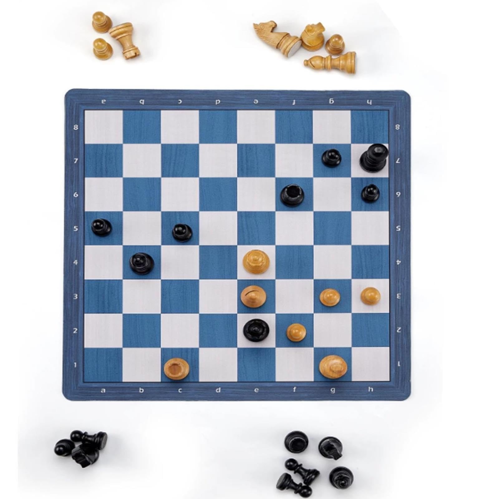 Set di scacchi in pelle arrotolabile con pezzi degli scacchi in legno | Scacchiera portatile, gioco da tavolo for il tempo libero da viaggio all'aperto(Blue)