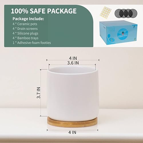 Miniatura 3 de TAMAYKIM Macetas de cerámica blanca de 4 pulgadas con agujeros de drenaje, adorable maceta con bandeja para plantas suculentas de interior, plantas