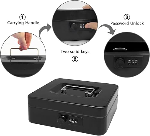 Miniatura 6 de Caja de efectivo de acero seguro con cerradura de combinación y bandeja extraíble, organizador de dinero de metal para uso doméstico y oficina