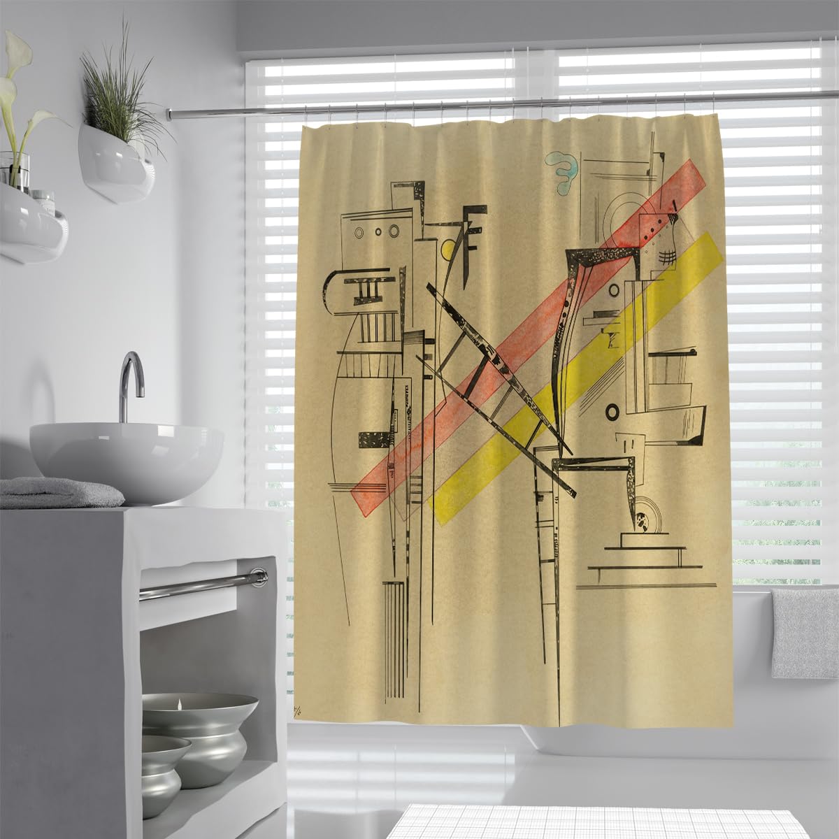 OLLIAR Home Yellow Mid Century Shower Curtain Sets 180x180 Modern Abstract Geometric Art Bath Curtain for Bathroom Waterproof Fabric Polyester Curtain with Hooks