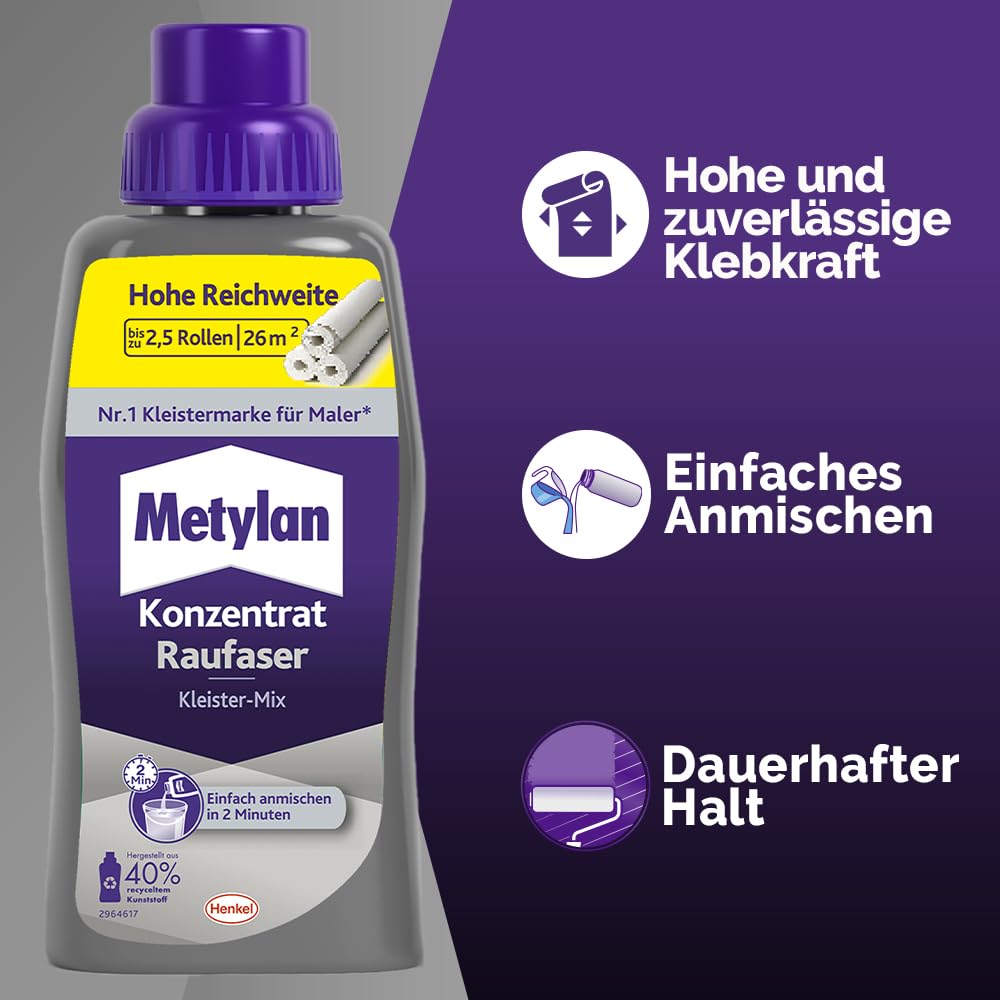 Metylan Raufaser gotowy klej w formie koncentratu, klej do tapet typu raufaza, mocny i szybko mieszalny klej do natychmiastowego zastosowania, 1 x 500 g