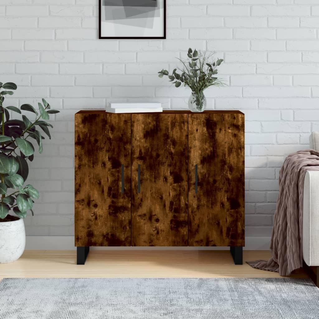 Générique Nowoczesny bufet wędzony dąb 90x34x80 cm, Meble do salonu z drewna konstrukcyjnego z metalowymi nogami, duża przestrzeń do przechowywania i praktyczne drzwi