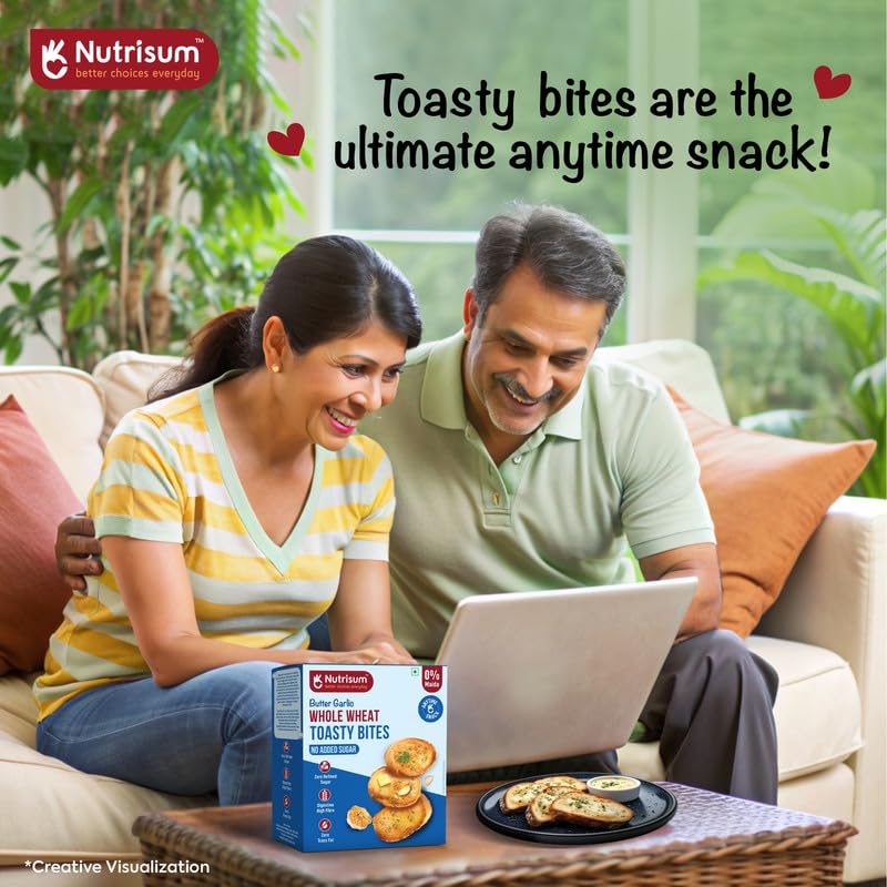 Image of Nutrisum Whole Wheat butter Garlic Rusk /Toast | Toasty Bites | No Maida , Sugar-Free| Made with Real Butter & Olive Oil | Anytime Healthy Rusks for Dips & Toppings Snacks | Digestive Garlic Toast (150gms x Pack of 4)