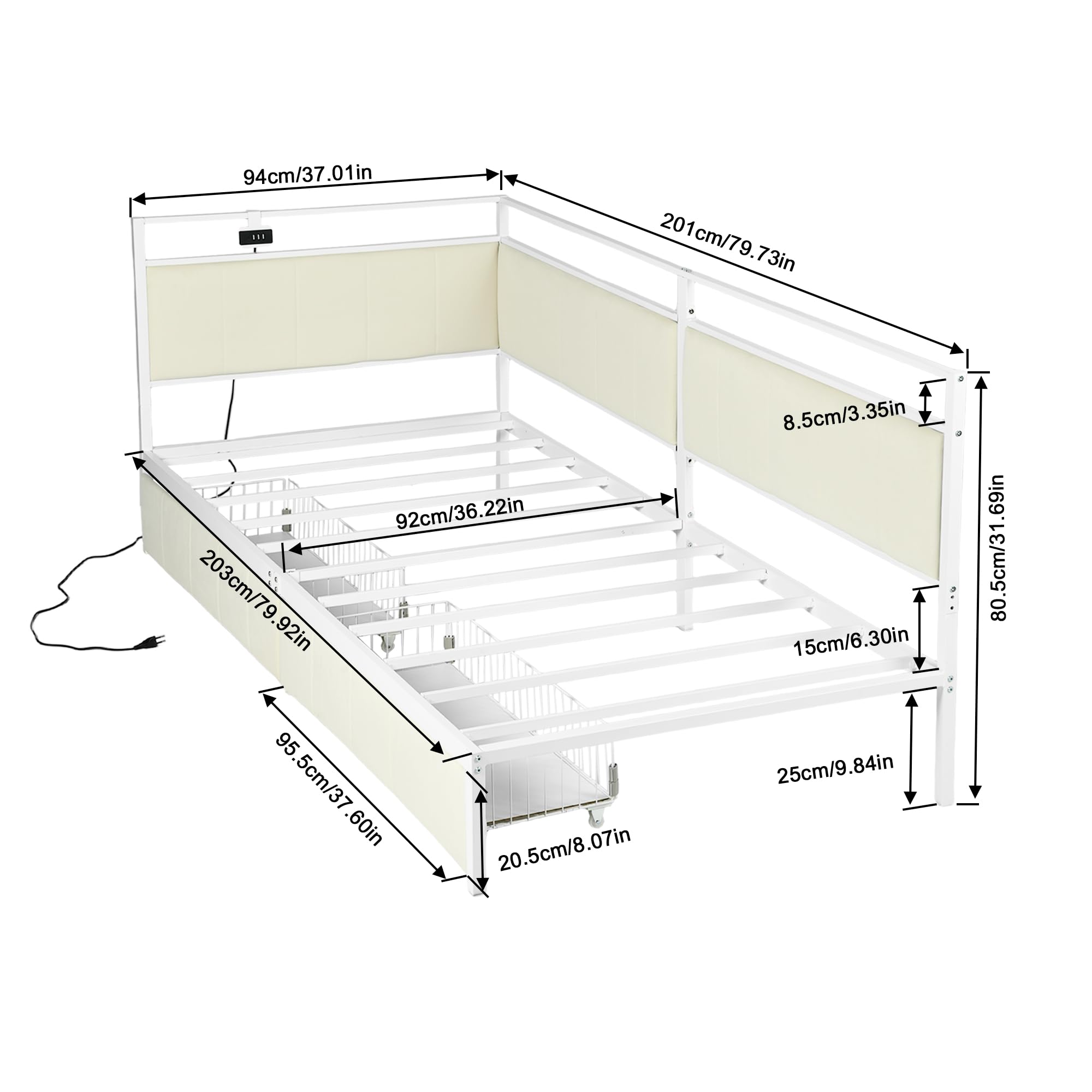 Letto Singolo Angolare con LED RGB, 2 Cassetti, Stazione Ricarica USB/Type C, Struttura Robusta in Metallo, Divano Letto con Doghe 90x200 cm, Salvaspazio per Camera Letto/Ospiti, Beige
