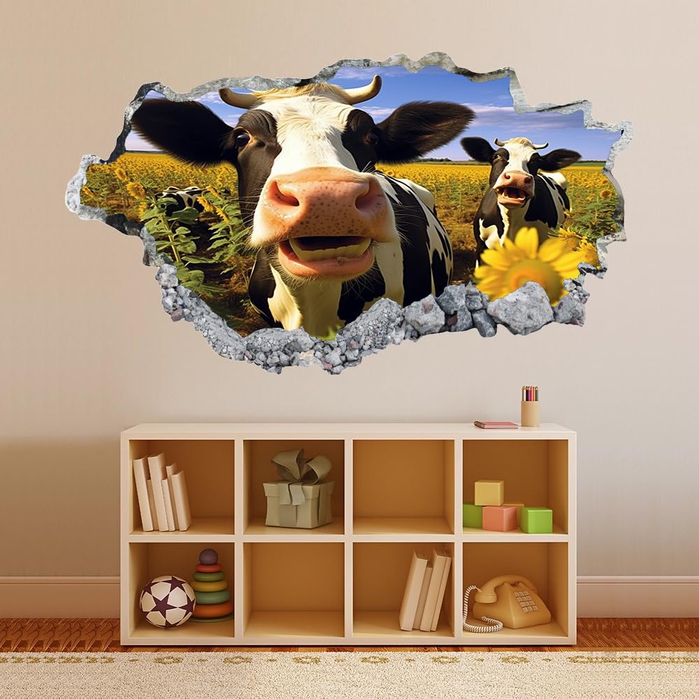 3D Wandtattoo Wanddurchbruch, Vieh Durchbruch Wandaufkleber für Kinderzimmer, sticker für Wohnzimmer, Sonnenblumenfeld Wandsticker, Wandbild Junge Mädchen Schlafzimmer