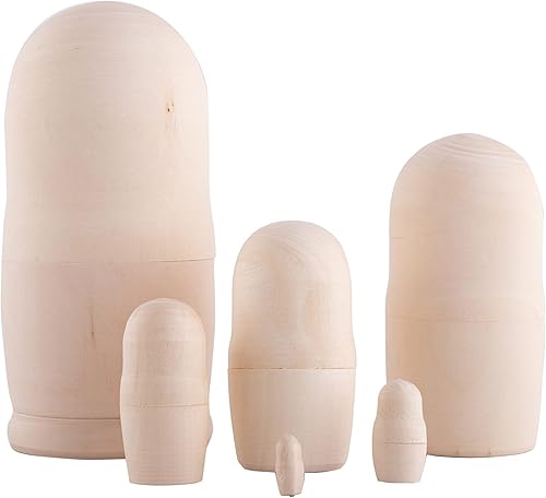 Heka Naturals Muñecas anidables en blanco sin pintar, juego de 6 muñecas Matryoshka de madera natural (4.7 pulgadas), decoración tradicional del