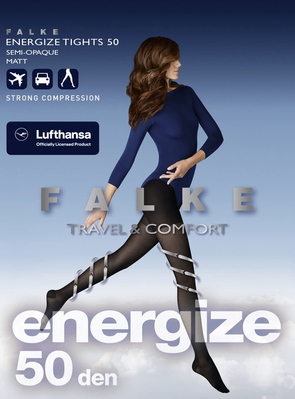 FALKE Lufthansa Travel & Comfort mujer Energize 50 DEN pantimedias semiopaco mate medio grueso fuerte compresión mejor circulación sanguínea fino y suave material 1 pieza