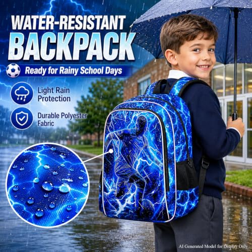 Image of 3Pcs Soccer Backpack for Boy, 17 inch Lightning Bookbag for Elementary Preschool Kindergarten, Kids School Thunder Backpacks with Lunch Box (Blue)