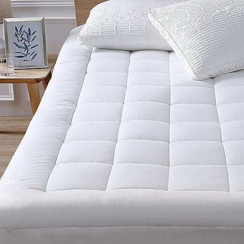 Twin Mattress Pad Cover Top with Stretches to 18” Deep Pocket Fits Up to 8”-21” Cooling White Bed Topper (Down Alternative, Twin Size) - Twin - White