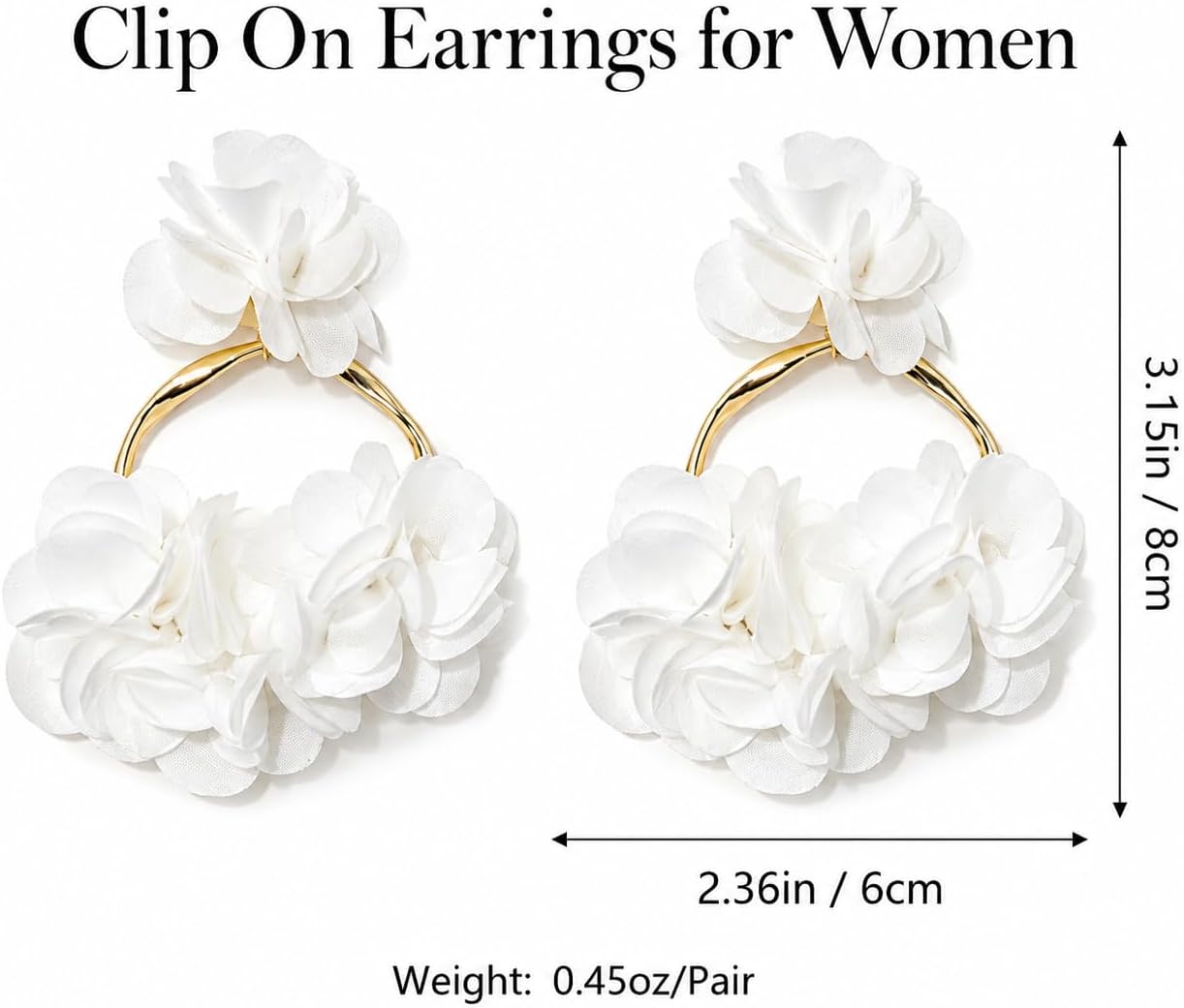 Flower Clip On Earrings Women, Lightweight Fabric Floral Statement Hoop Dangle Drop Earrings