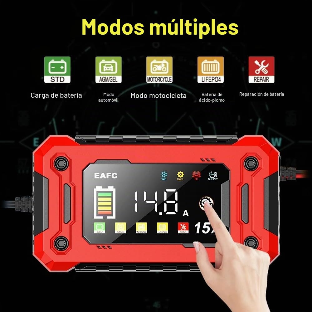 Cargador de batería Inteligente para Coche de 12 V 15 A, 4Ah-300Ah, con reparación por pulsos, Arranque automático, Cargador rápido para baterías de Plomo-ácido para Motocicletas y Camiones.