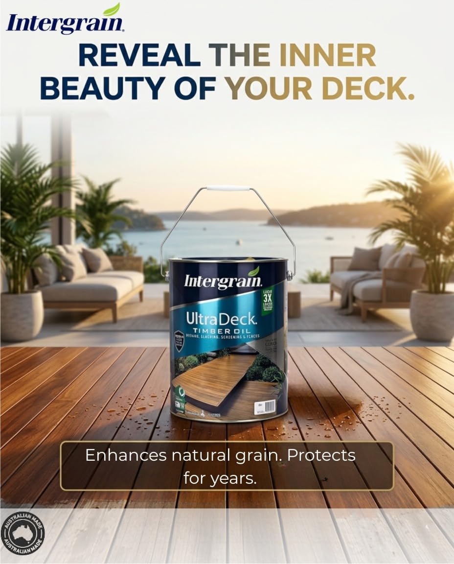 Intergrain UltraDeck Exterior Wood Deck Oil β Natural Finish (4 LTR) | Waterproof & UV Resistant Coating for Decks & Outdoor Furniture | Low Odour, Water-Based, Long-Lasting Wood Decking Oil 4