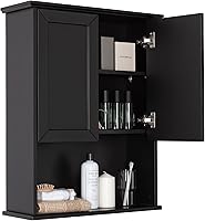 Vista 1 de Armario de pared de baño negro de 23 x 29 pulgadas, botiquín de madera con 2 puertas y estante ajustable, armario montado en la pared sobre inodoro