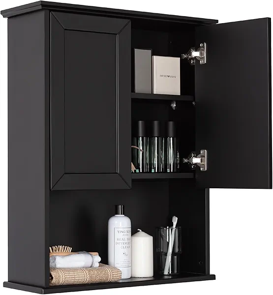 VANIRROR Black Bathroom Wall Cabinet 23x29 inch Wooden Bathroom Medicine Cabinet with 2 Doors and Adjustable Shelf, Wall Mounted Cabinet Over Toilet Storage Cabinet