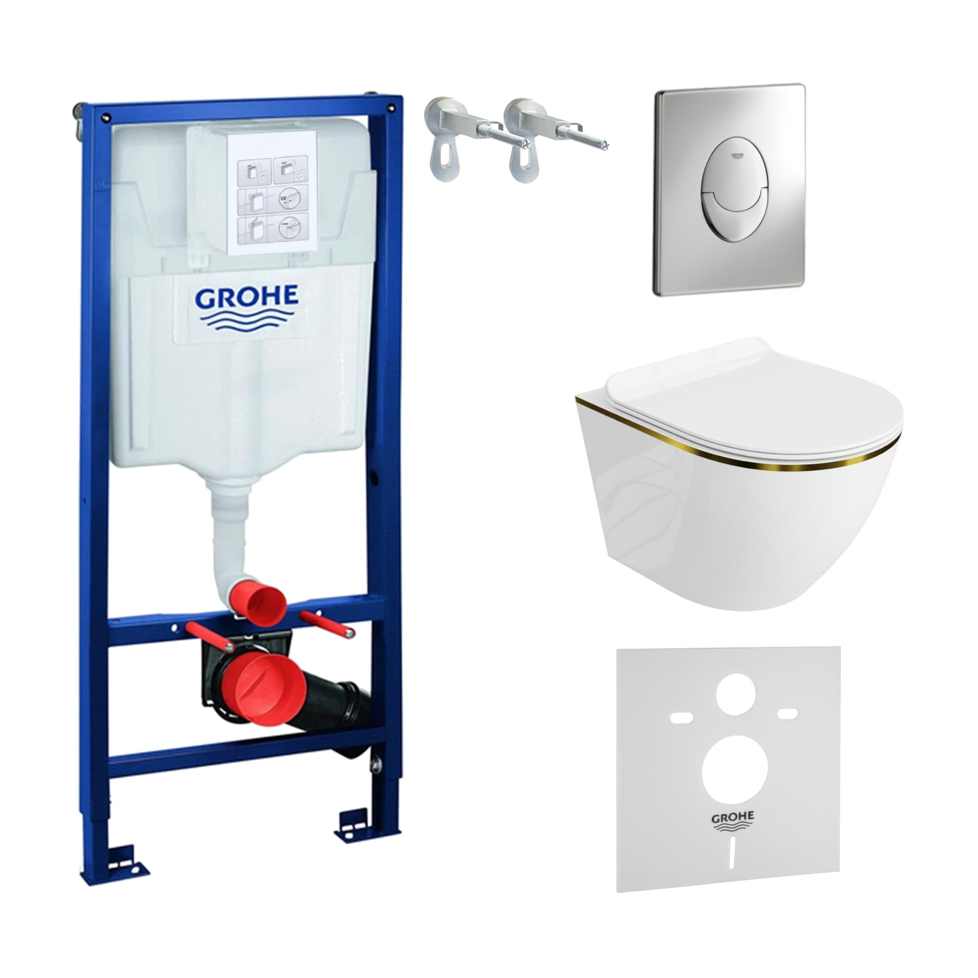 Lavita Vorwandelement Solido Start + Wand Hänge WC Sofi Slim Gold Line Spülrandlos + WC Sitz mit Absenkautomatik Verchromter Knopf Komplettset Unterputz Spülkasten Toilette Komplett Sett WC