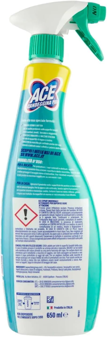 5x ACE Candeggina Più Gentile + Oxygen Spray, Entfetter für Oberflächen und Flecken, 650 ml,+ Italy Shop Service Kostenloser Schlüsselanhänger