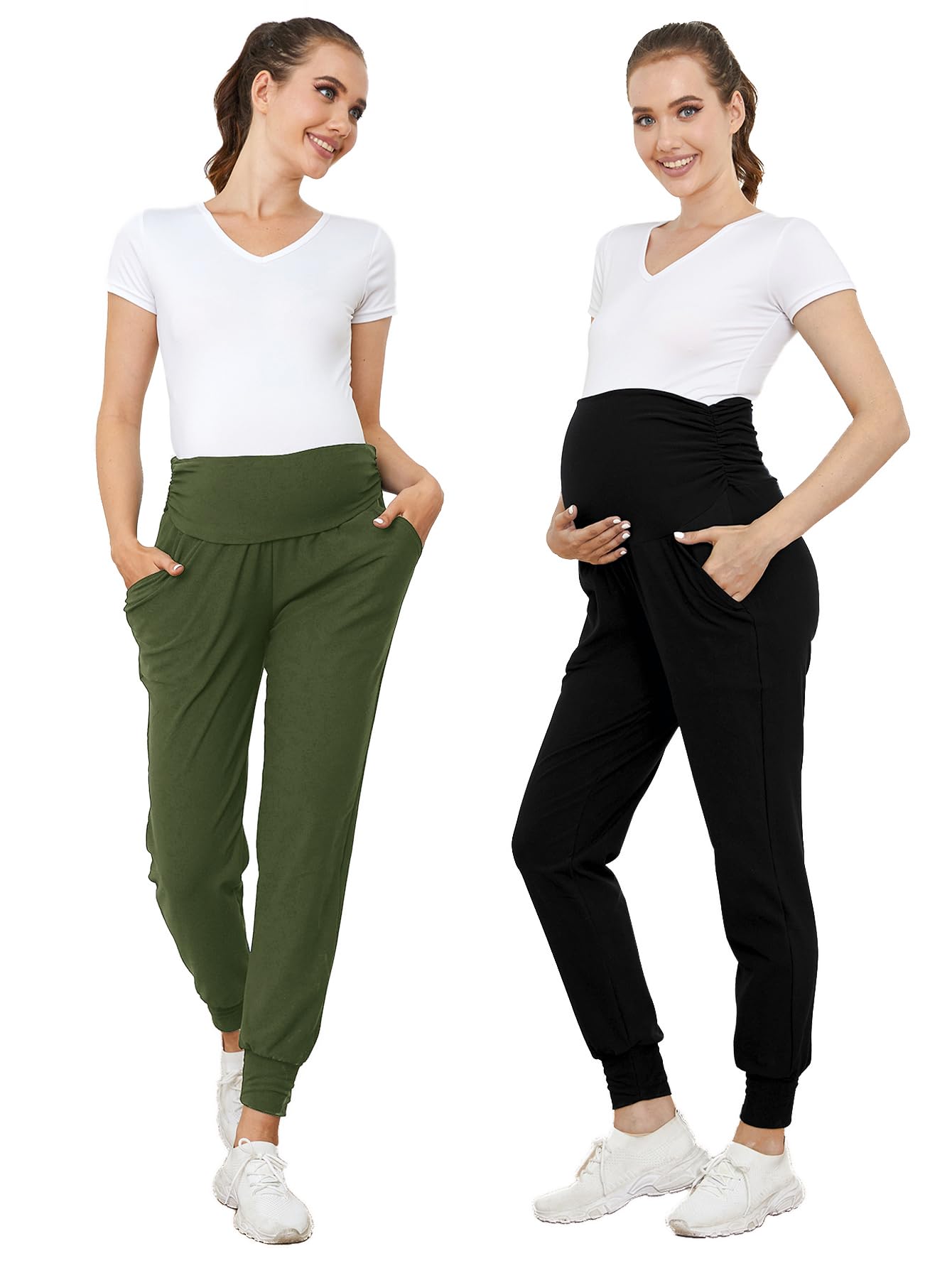 PARNIXS Umstandsmode Zweiteiliges Set Basic Stretch-Design mit Taschen Weiche Leggings für aktive Mütter Yogahosen – Ganzjährig tragbar