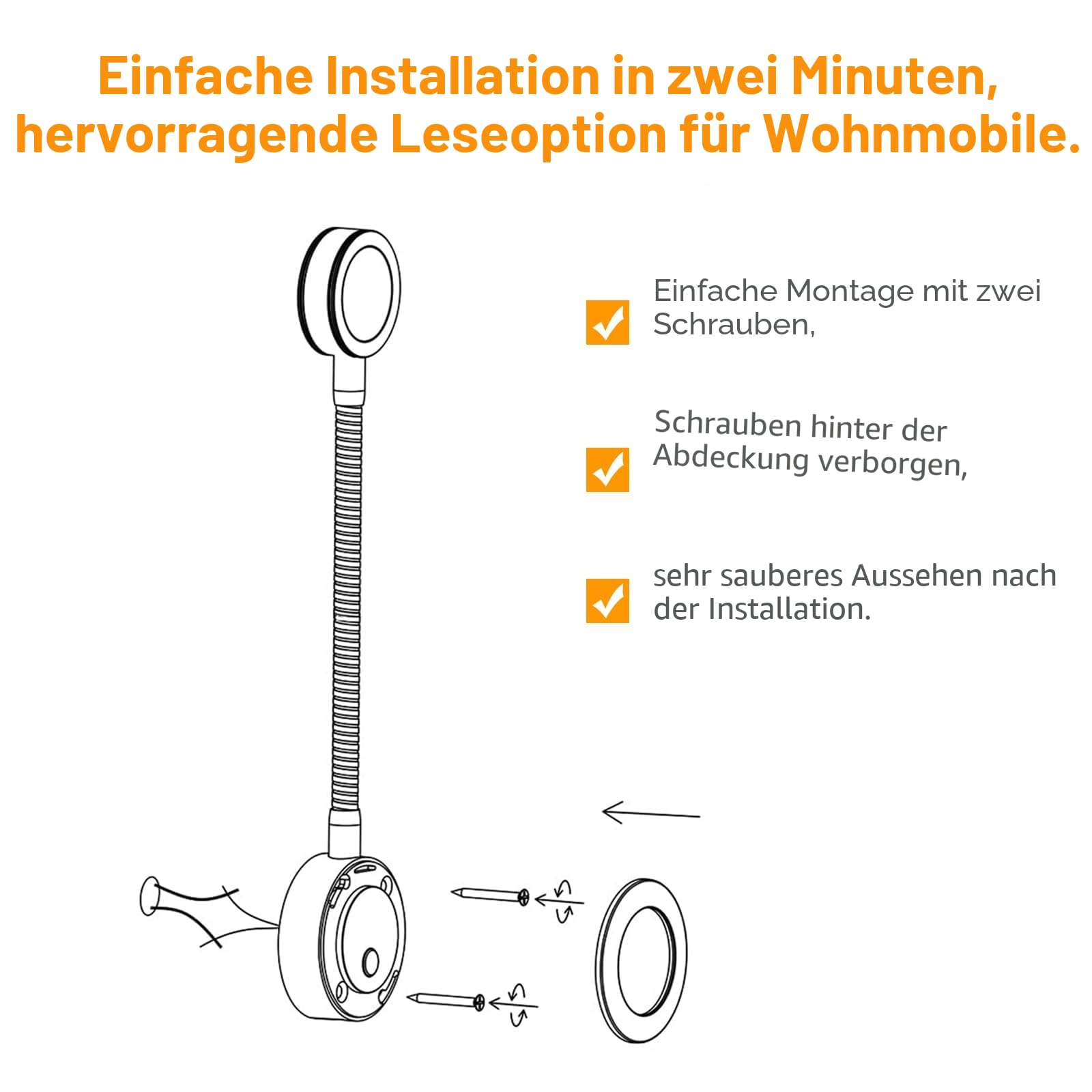 acegoo Leselampe 12V LED Dimmbar Bett Lampe, Flexible Wandmontage Schwanenhals Nachttisch DC 12-24V 3200K mit Dimmerschalter & USB-Ladegerät, 2PCS für Boot Wohnmobil Auto Camper Van Yacht (Schwarz)