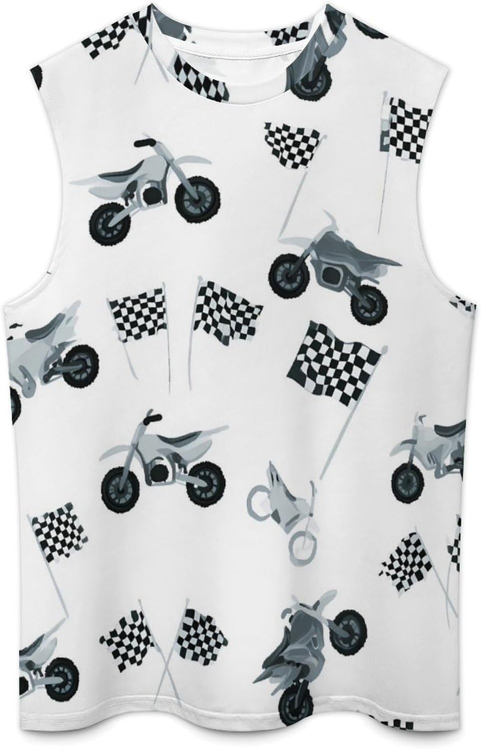 Dirt Bike and Checkered Flag Men Summer Sleeveless Crew Neck Top 5XL