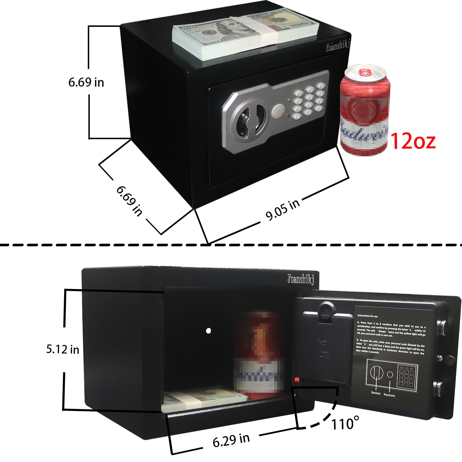 Yuanshikj Cassetta di sicurezza con tastiera elettronica, in acciaio, digitale, per casa, ufficio, hotel, lavoro, contanti, gioielli, colore nero, 0,2 CF)