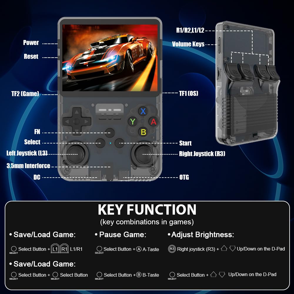 R36S Retro Handheld Game Console, Retro Games Console with 3.5 Inch HD Screen, Portable Handheld Games Consoles, Video Player with 64G TF Card and 15,000+ Classic Games, 3200mah Battery — view 7