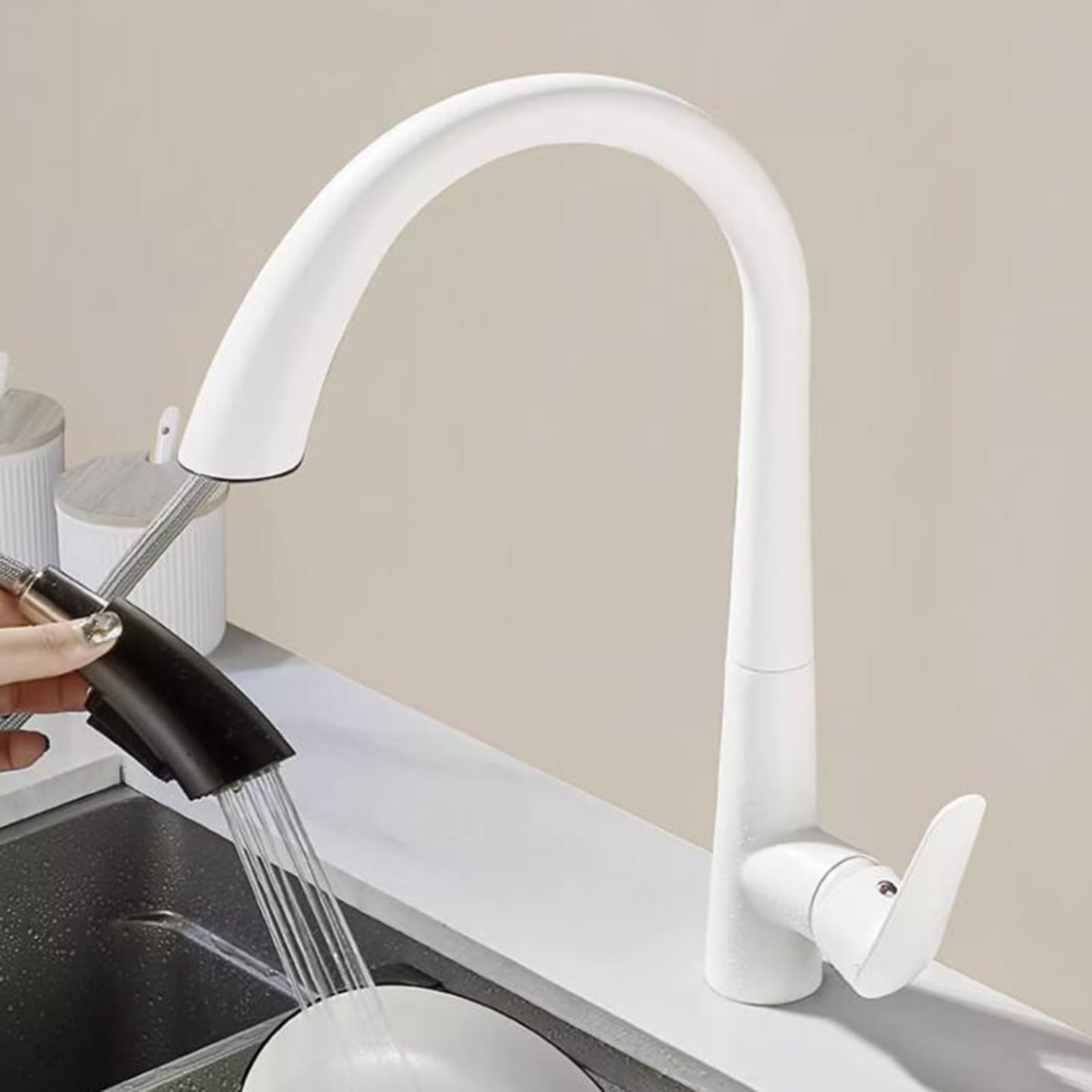 ZYCHSJXA Kitchen Sink Taps with Pull Out Spray, White Tap 360° Rotation Brass Taps-White