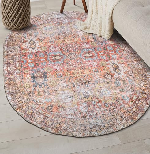 Rugshop Multi Transitional Distressed Oval Area Rug — Machine Washable & Non‑Slip, 5' X 7' Oval for Living Room, Bedroom and Entryway