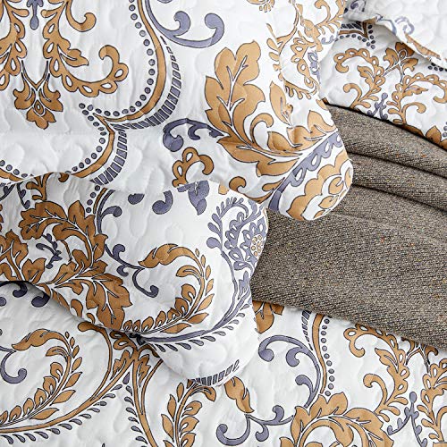 Image of CHIXIN Oversized King Bedspread 128x120 Extra Wide - European Damask Paisley Pattern - Classic & Gorgeous Bedding Cover, Lightweight, Ultra Soft, 5 Piece, 100% Microfiber, White /Khaki /Grey