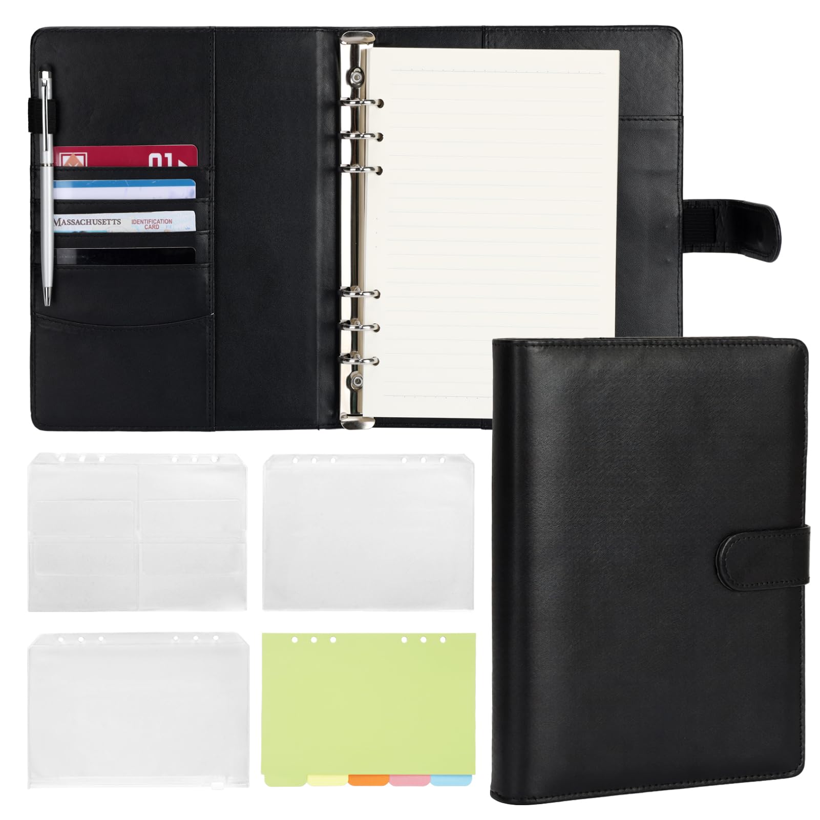 Leather A5 Ring Binder, 6 Ring Binder Notebook with 100gsm Refill Papers, Binder Pockets and Subject Dividers Paper Sheet, Travel Binder Journal Personal Planner Black