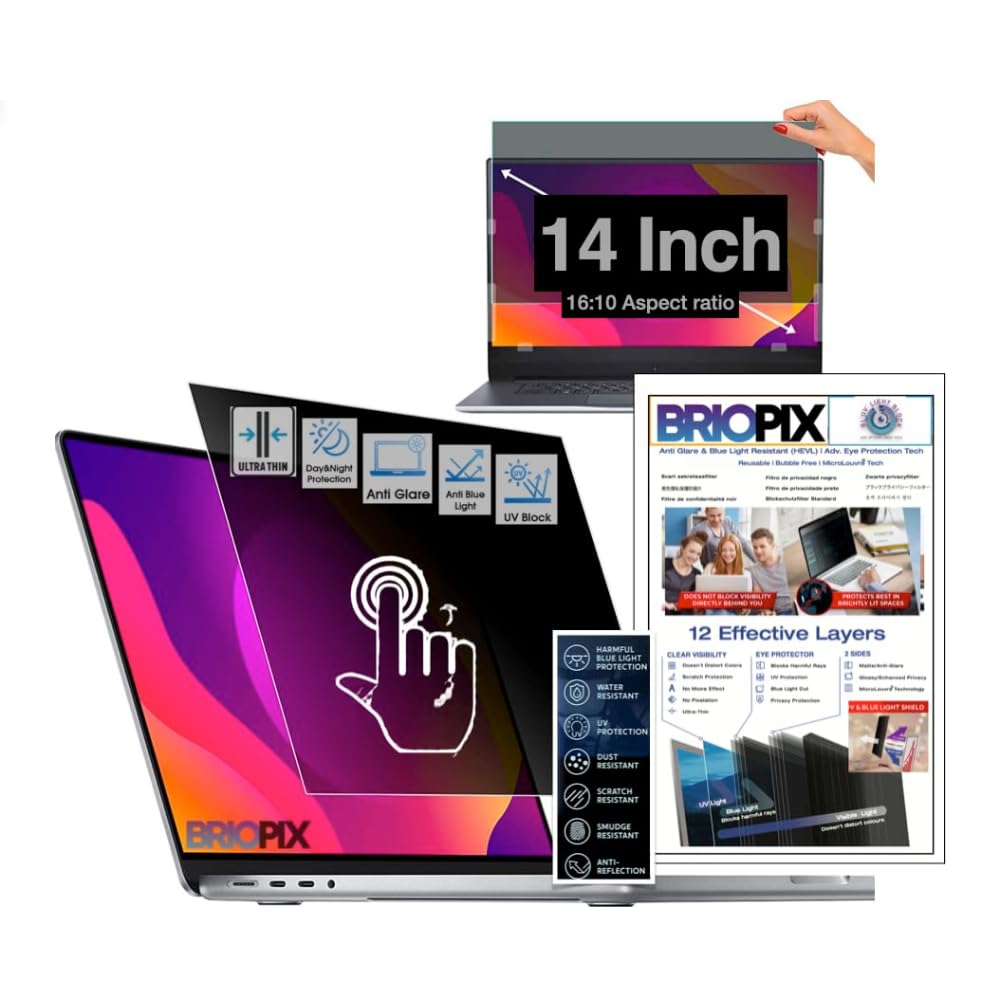 BrioPix 14 Inch (16:10) Privacy Screen Filter - NO Eye Strain | Anti-Blue Light + Anti-Glare | No Dry Eyes | Privacy Screen Protector | Touch Screen Enabled (B0CK8P9VXL) Amazon Price History, Amazon Price Tracker