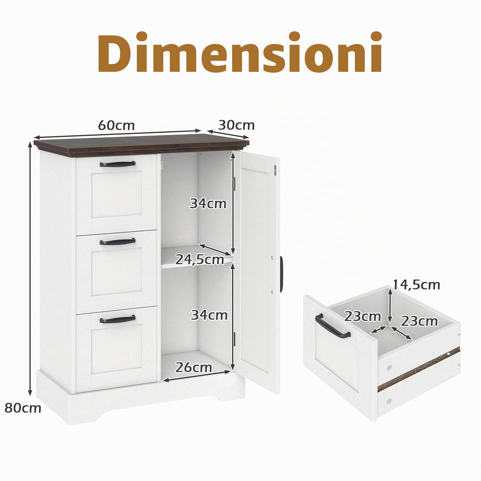 KOMFOTTEU Credenza Cucina con 3 Cassetti e Armadio con Ante, Mobile Cucina Dispensa con Kit Antiribaltamento, Mobiletto Cucina, per Soggiorno, Sala da Pranzo, 60 x 30 x 80 cm (Bianco)