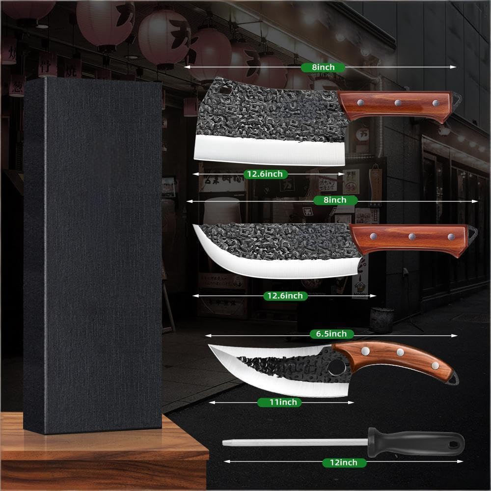 Set de 4 Couteaux de Cuisine Butcher (Couteau Chef Serbe 8", Couteau à Viande 8", Couteau à Désosser 6.5", Couteau à Aiguiser 12"), Acier Inoxydable Haut Carbone, Revêtement Anti-Adhérent Martelé