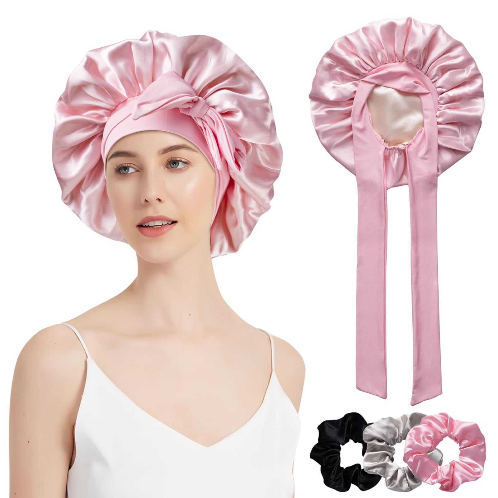 Cuffia Seta Capelli Ricci con 3 Pezzi Scrunchies Grande Regolabile Bonnet da Notte in Raso Doppi Strati Dormire Berretto per Protezione Capelli