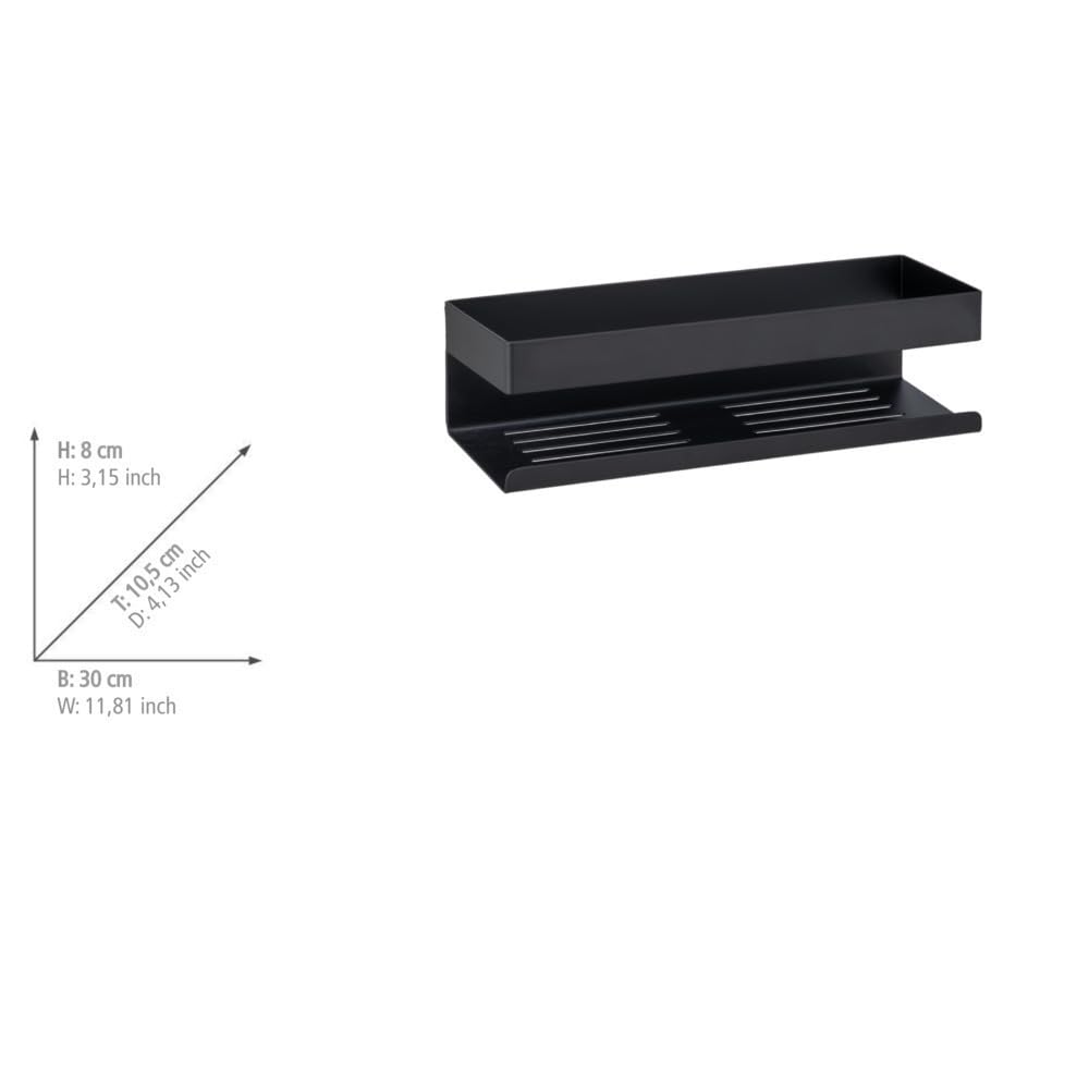 WENKO Turbo-Loc Wandablage Mod. Genova Bad-Ablage aus Edelstahl ohne Bohren mit Klebepad-System zur Aufbewahrung von Pflegeprodukten 30x8x10,5 cm Schwarz