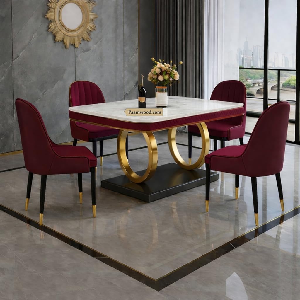 Ring Dining Table Set 4 Seater Marble Finish Dining Table Set with Gold Metal Base & Cushioned Chairs – 2yr Warranty - Modern Dining Table for Home & Kitchen (54 x 36 x 30 Inch) (Maroon)