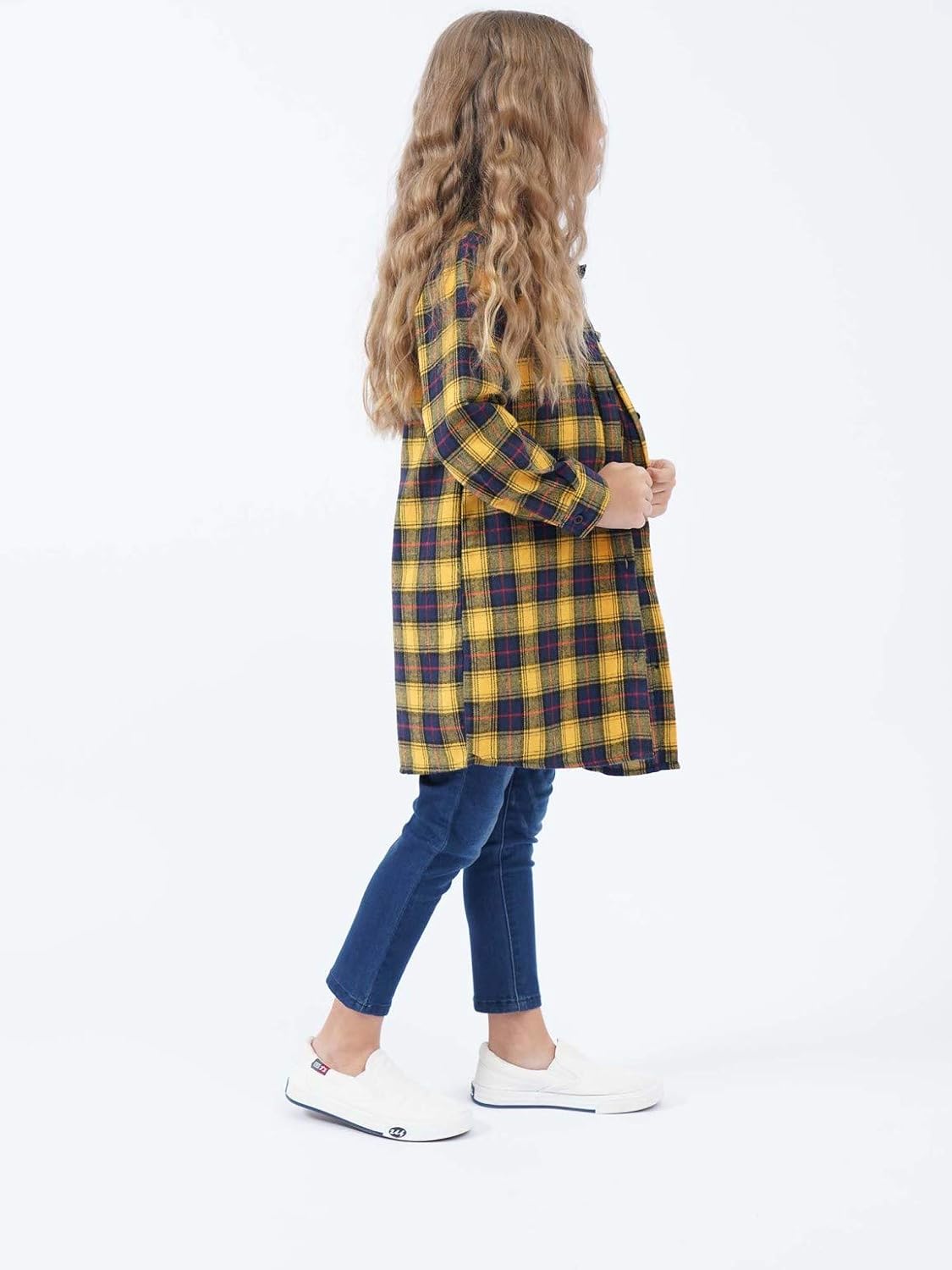 Oyolan Kids Girls Cotton Oversized Plaid Shirt Blouse Lapel Long Sleeve Button Down Casual Checked Shirt