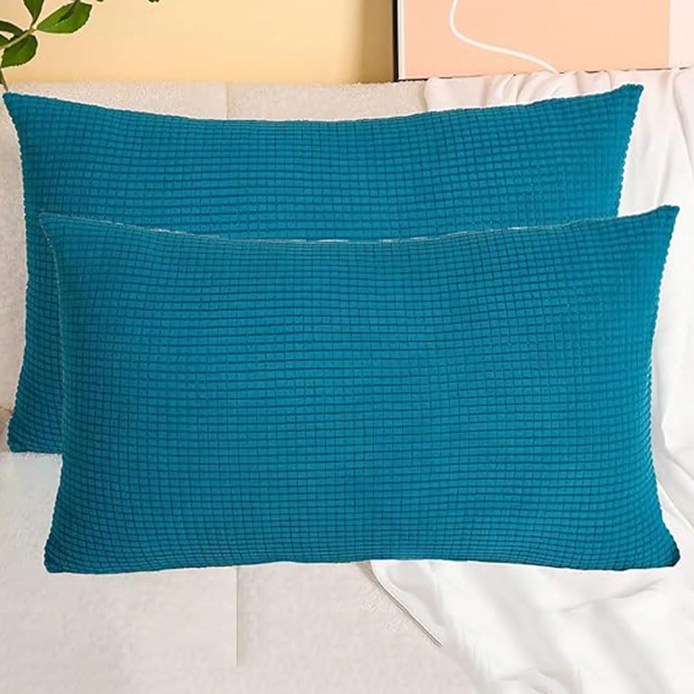 SWJ-swjssb Stretch Corduroy Pillowcases 2 Pack Super King Size Pillow Cases，Soft Decorative Cushion Covers Size Of Customised Invisible Zip, For Living Room Couch Sofa(Lapis blue,35x55 cm Set Of 2)