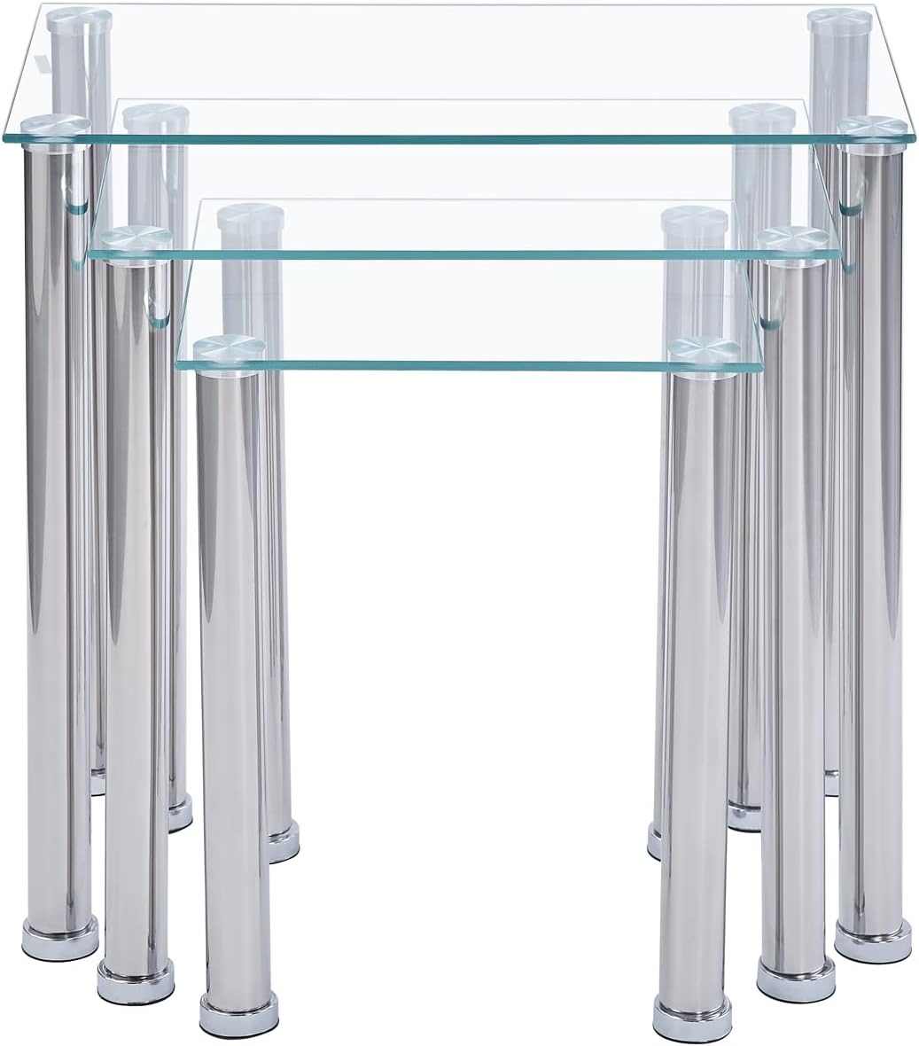 Clear Glass Nesting Table Set of 3 Contemporary 3 Nested End Table for Coffee and Lamp, Living Room Nest of Side Table Set of 3 Silver Legs for Living Room