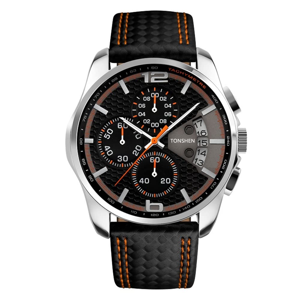 TONSHEN Relojes de Hombre Acero Inoxidable Caja y Cuero Correa Analógico Cuarzo Deportivos Relojes de Pulsera Fecha Cronómetro