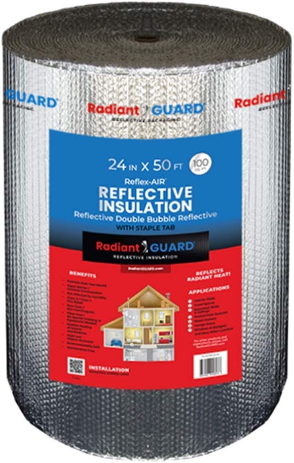 RadiantGUARD Reflex-AIR Double Bubble Insulation Roll (100 sq ft roll  24-inch X 50-feet) Vapor Barrier Radiant Foil Bubble Wrap Insulation for RVs, Windows, Greenhouses, Garage Doors & More